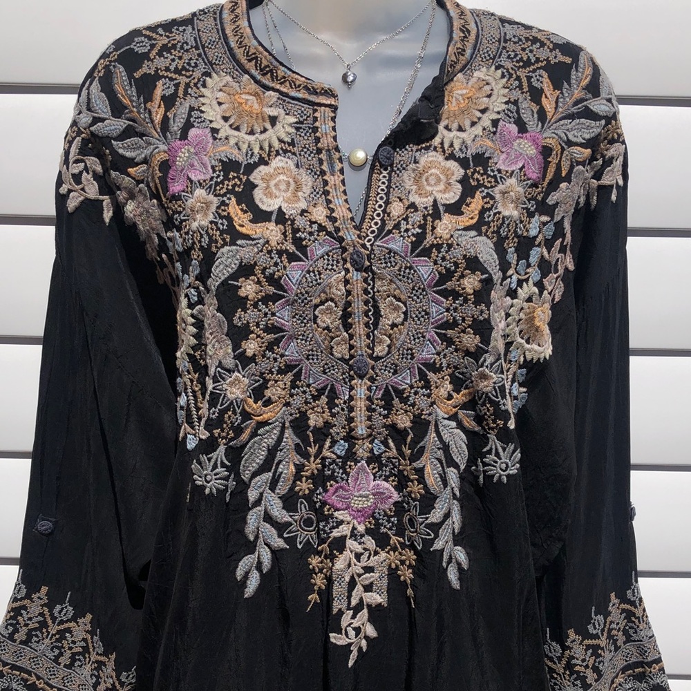 Johnny Was Black Embroidered Boho Tunic with Cream & Pink Accents - Picture 4 of 8